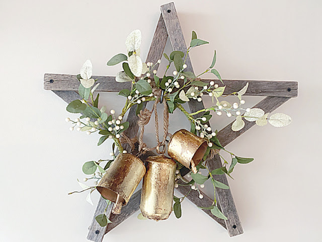wooden star wreath with bells