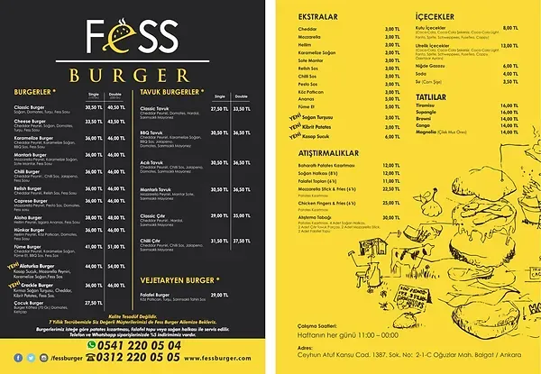 fess burger balgat ankara menü fiyat sipariş iletişim