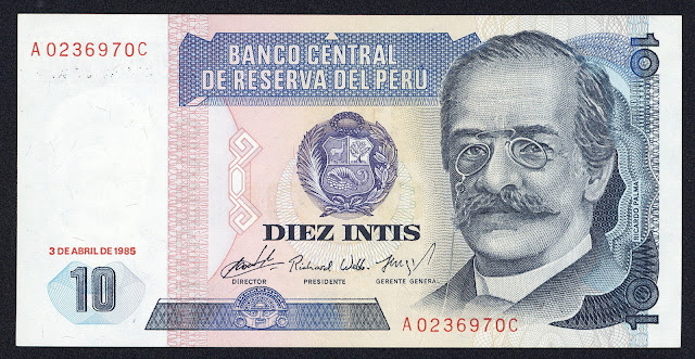 Peru money currency 10 Intis banknote 1985 Ricardo Palma