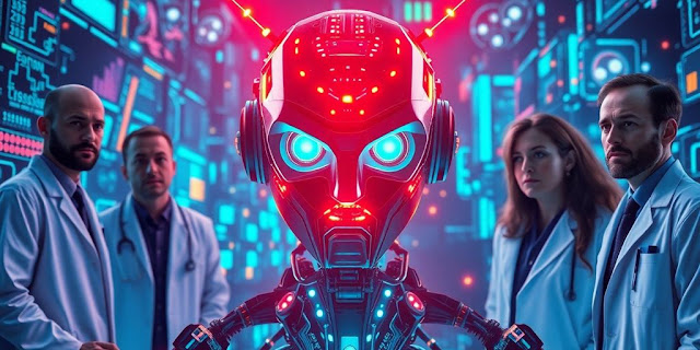 Futuristic AI model with glowing circuits and concerned experts.