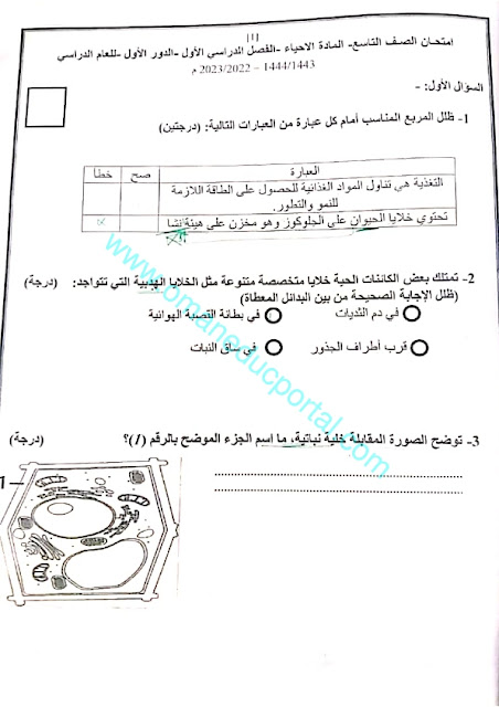 نموذج اجابة اختبار الاحياء للصف التاسع الفصل الاول الدور الاول 2022-2023