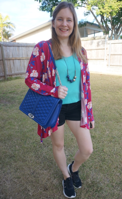 magenta floral long sleeve cardigan with bright tank, denim shorts and Jumbo cobalt love bag | awayfromblue