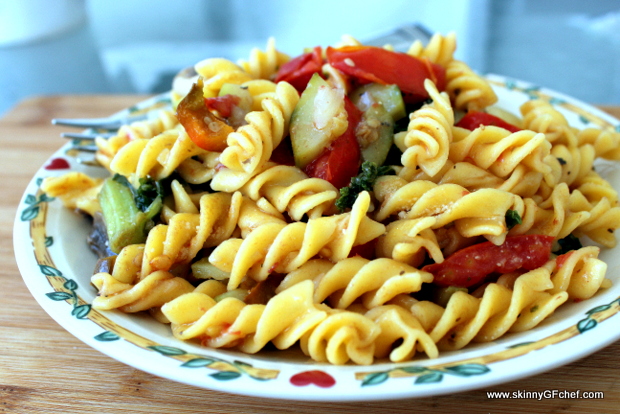 Gluten-Free Warm or Cold Pasta Salad amps up the flavor with sauteed zucchini, kale, tomatoes and mushroomsor Cold this Pasta Salad with sauteed zucchini, kale, tomatoes and mushrooms