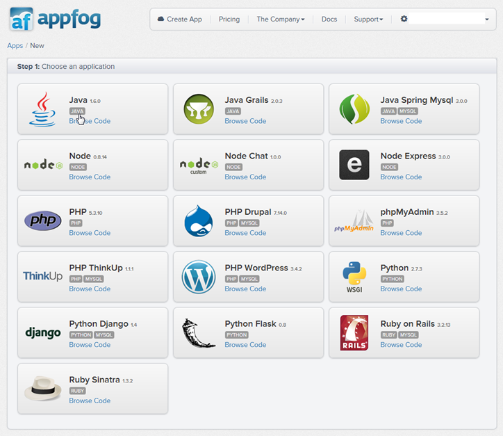 appfog - new app - step one - choose an application