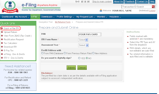 Quick efile ITR menu option under 'Quick Link'