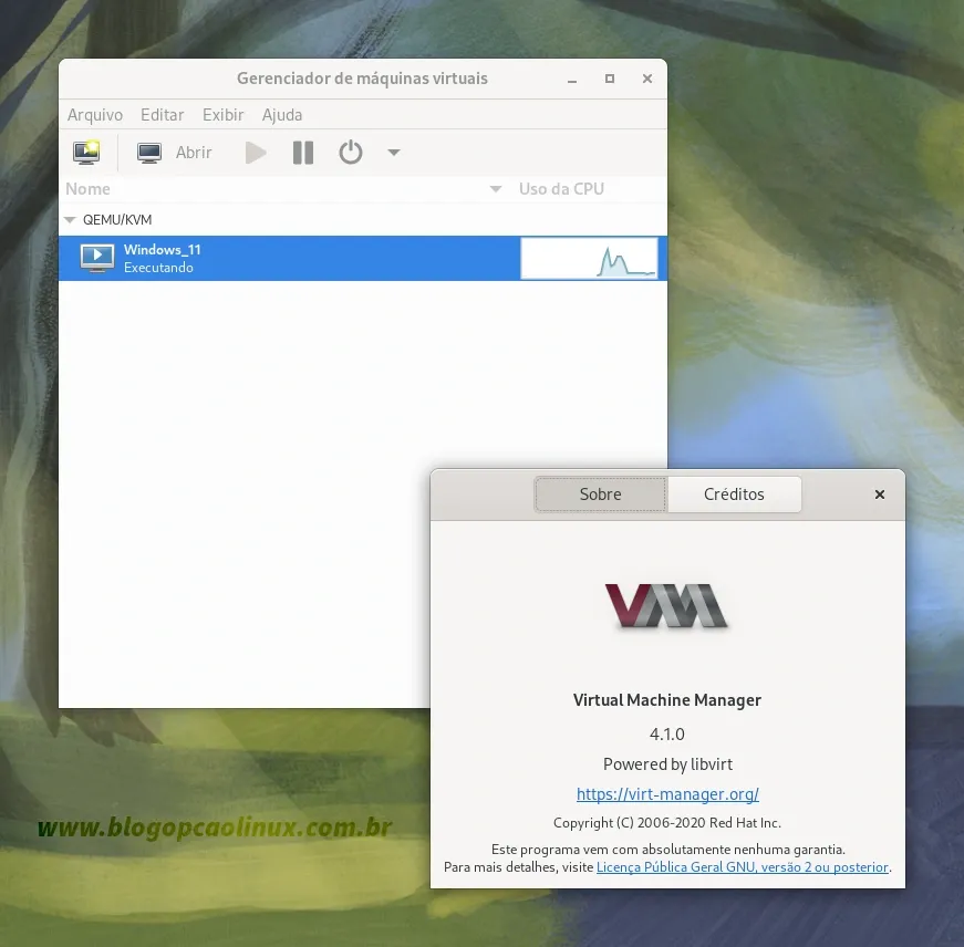 Virtual Machine Manager executando no Fedora 40 Workstation