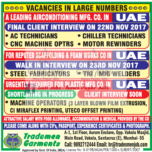 Leading companies job vacancies for UAE- free food & accommodation