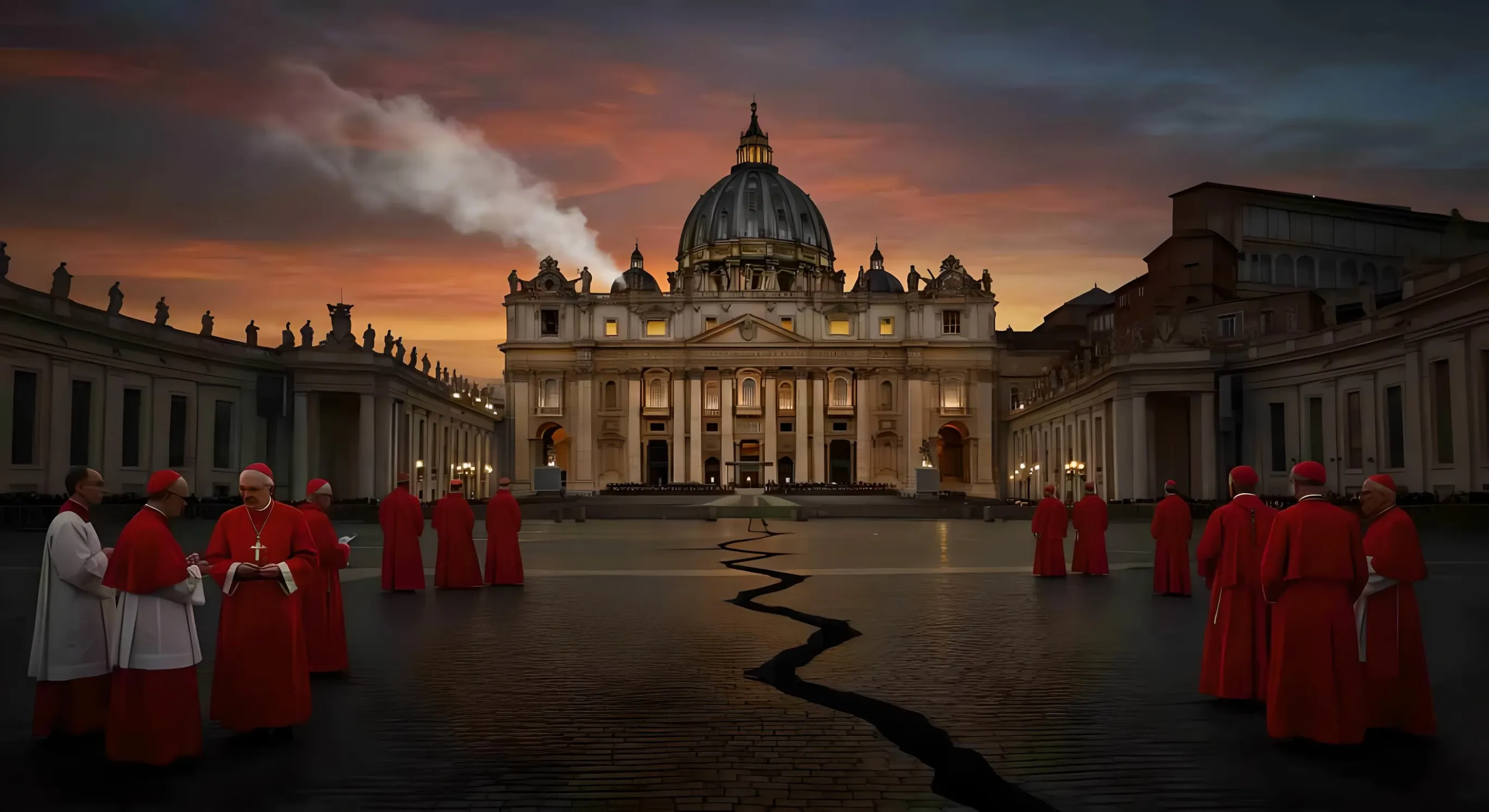 Imagem do Vaticano ao pôr do sol, destacando cardeais em vestes vermelhas com a Basílica de São Pedro ao fundo, evocando espiritualidade e tradição.