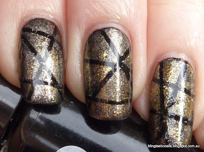 OPI Goldeneye, OPI Bond, James Bond, China Glaze Cosmic Dust and Savvy Starburst striping manicure