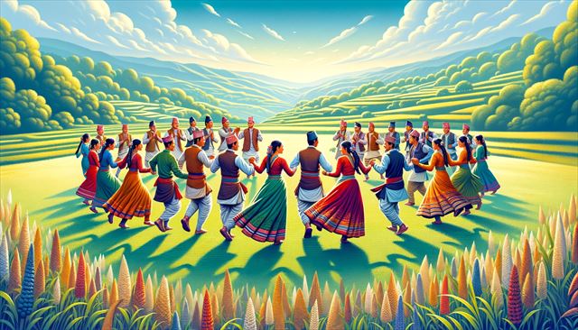A wide illustration featuring approximately ten Nepalese people in traditional attire, dancing on a grassy plain. The scene should be vibrant and colorful, reflecting the joy and energy of the dance. Men are dressed in daura-suruwal and women in gunyu-cholo, depicted with cultural accuracy. The background showcases a panoramic view of a lush, green grassland under a clear, blue sky. This illustration emphasizes cultural celebration and communal harmony, with a focus on a larger group of people engaged in traditional dance.