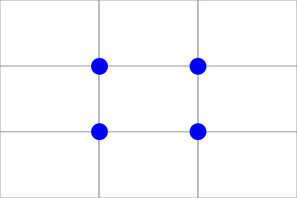 linhas verticais e horizontais que se cruzam e dividem o quadro fotográfico em 9 seções retangulares iguais. Nas intersecções centrais, há pontos azuis, que indicam os locais privilégiados da fotografia.