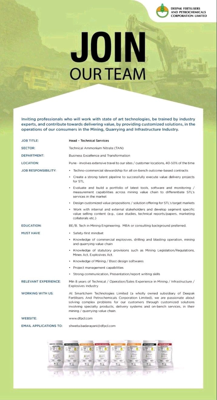 Job Available's for Deepak Fertilisers And Petrochemicals Corporation Ltd Job Vacancy for Head - Technical Services