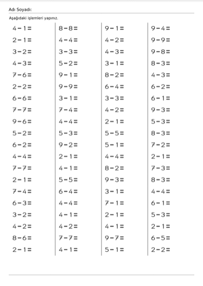 1. Sınıf,Matematik,Çıkarma İşlemi