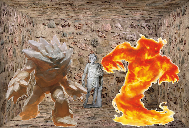 Earth and Fire Elemental in front of statue of Silvanus in the Place of the Unicorn