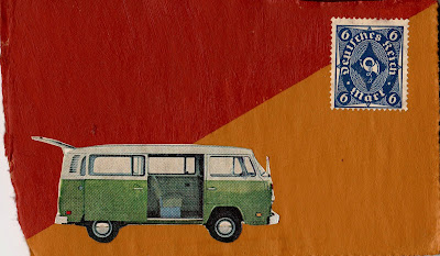 VW Volkswagen bus German postage stamp flag Fluxus dada collage reminders of my father's hippy influence 