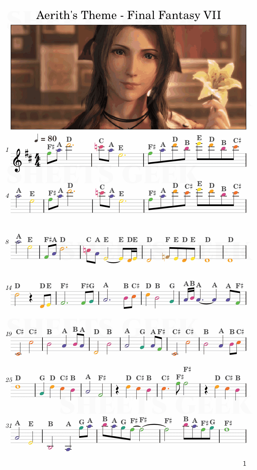 Aerith's Aeris Theme - Final Fantasy VII Easy Sheet Music Free for piano, keyboard, flute, violin, sax, cello page 1