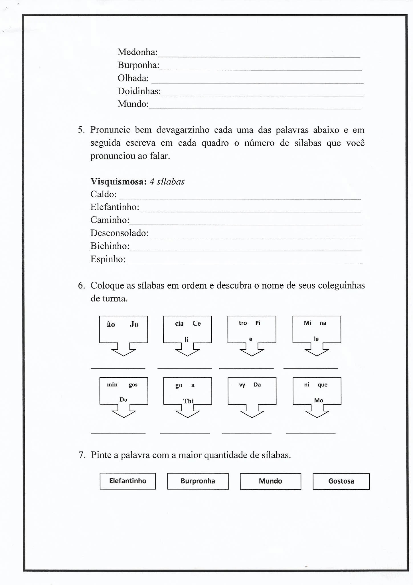 Atividade de Português: poema, silaba, ortografia LH e H