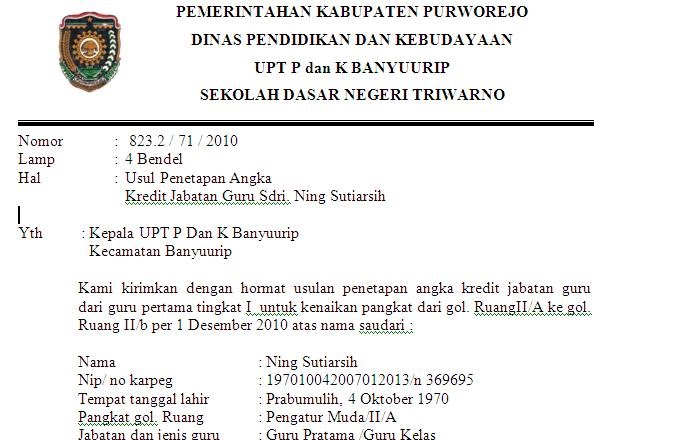 Surat Usul Penetapan Angka Kredit Jabatan Guru  contoh 