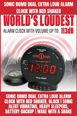 The Sonic Bomb Dual Extra Loud Alarm Clock is a clock that wakes you up with a very loud sound and a shaking bed. It's made for people who sleep deeply. It has a battery backup in case the power goes out.
