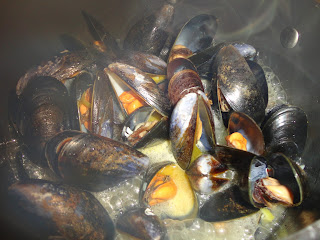 Mussels cooking to make Curried Mussels Soup