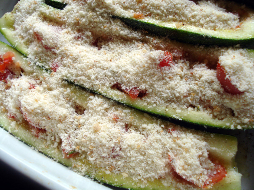 zucchini topped with breadcrumbs and parmesan