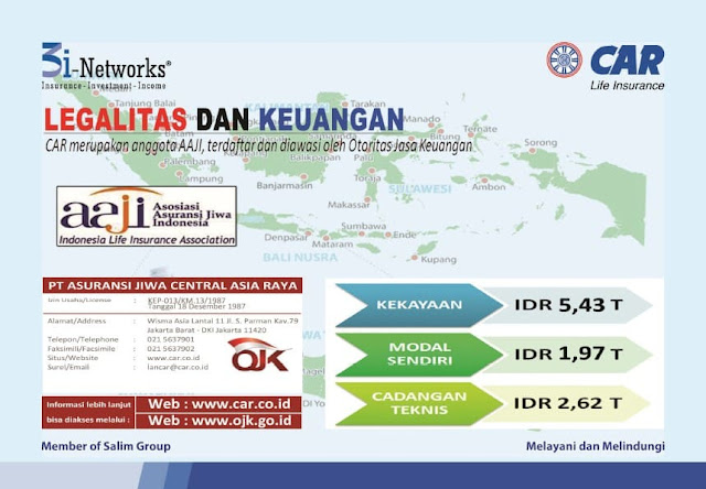 PT AJ Central Asia Raya adalah perusahaan berbadan hukum di Indonesia, berdiri sejak tahun 1975 dengan memiliki ijin usaha yang jelas sebagai member Salim Group, serta terdaftar dan diawasi oleh Otoritas Jasa Keuangan (OJK) dengan Surat keputusan izin usaha nomor : KEP-013/KM.13/1987 Tanggal 18 Desember 1987.Produk asuransi jiwa yang ditawarkan/dipasarkan adalah Produk Asuransi yang terdaftar di OJK.