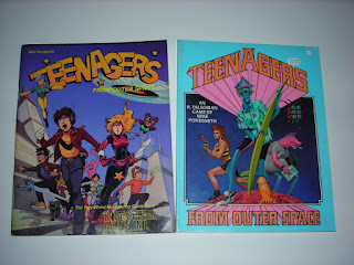 Cover of two editions of Teenagers from Outer Space, a role-playing game by R. Talsorian Games.