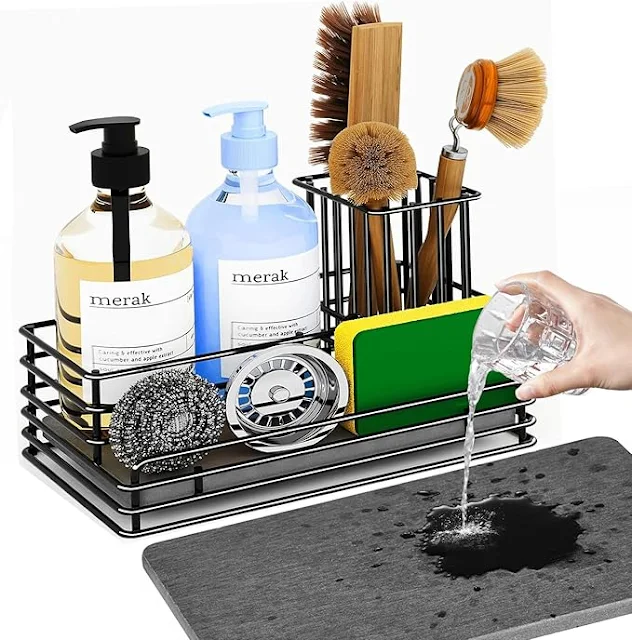 Yofidra Kitchen Caddy:Sponge with Drying Stone with water being poured on the stone showing drying properties in kitchen environment