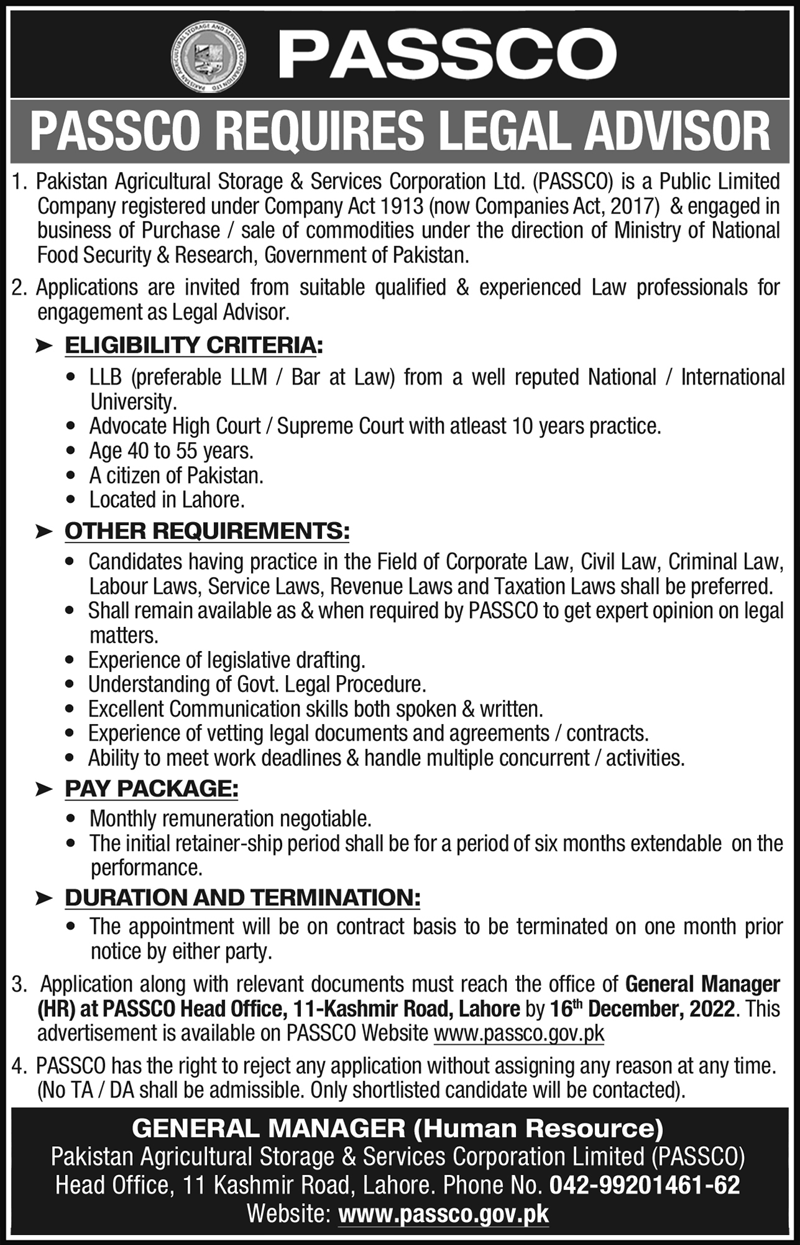 Pakistan Agricultural Storage & Services Corporation Limited PASSCO Announced Jobs For Legal Advisor