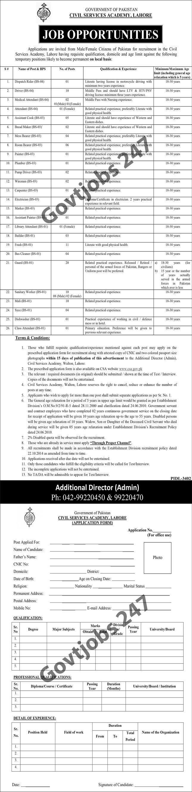 Civil Services Academy CSA Lahore Jobs