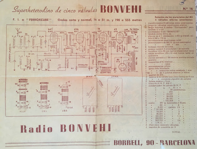 Esquema de un receptor de radio superheterodino de cinco válvulas BONHEVI. Fuente: Archivo de José Pino Rivera.