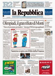 La Repubblica del 15 Febbraio 2012 | ISSN 0390-1076 | TRUE PDF | Quotidiano | Cronaca | Politica
La Repubblica è un quotidiano italiano, con sede a Roma, appartenente al Gruppo Editoriale L'Espresso.
È il secondo quotidiano d'Italia per diffusione, dopo il Corriere della Sera di Milano.
È primo nelle statistiche sul lettorato, con una quota stimata di 3 milioni e 523.000 lettori.