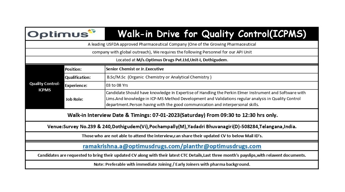 Job Availables, Optimus Walk In Interview For Quality Control Department For BSc/ MSc