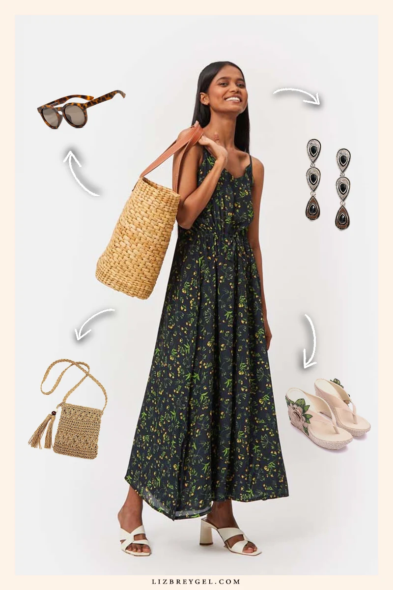 fashion collage demonstrating how to style floral maxi dress for effortless summer style