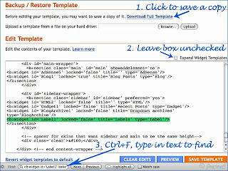 Screen shot: Blogger's Edit Template to illustrate edits to create labels dropdown
