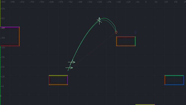 A screenshot showing to jump-trajectory arcs that differ slightly. One arc represents positions that we've calculated at build-time, and one represents what happens at runtime.