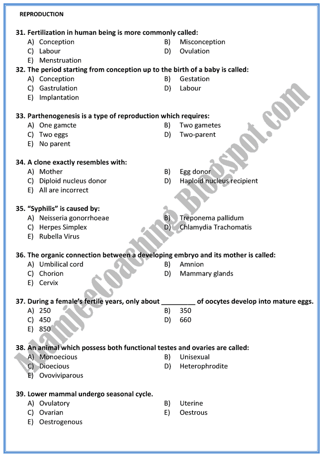 Biology Mcqs XII - Reproduction - Mcqs