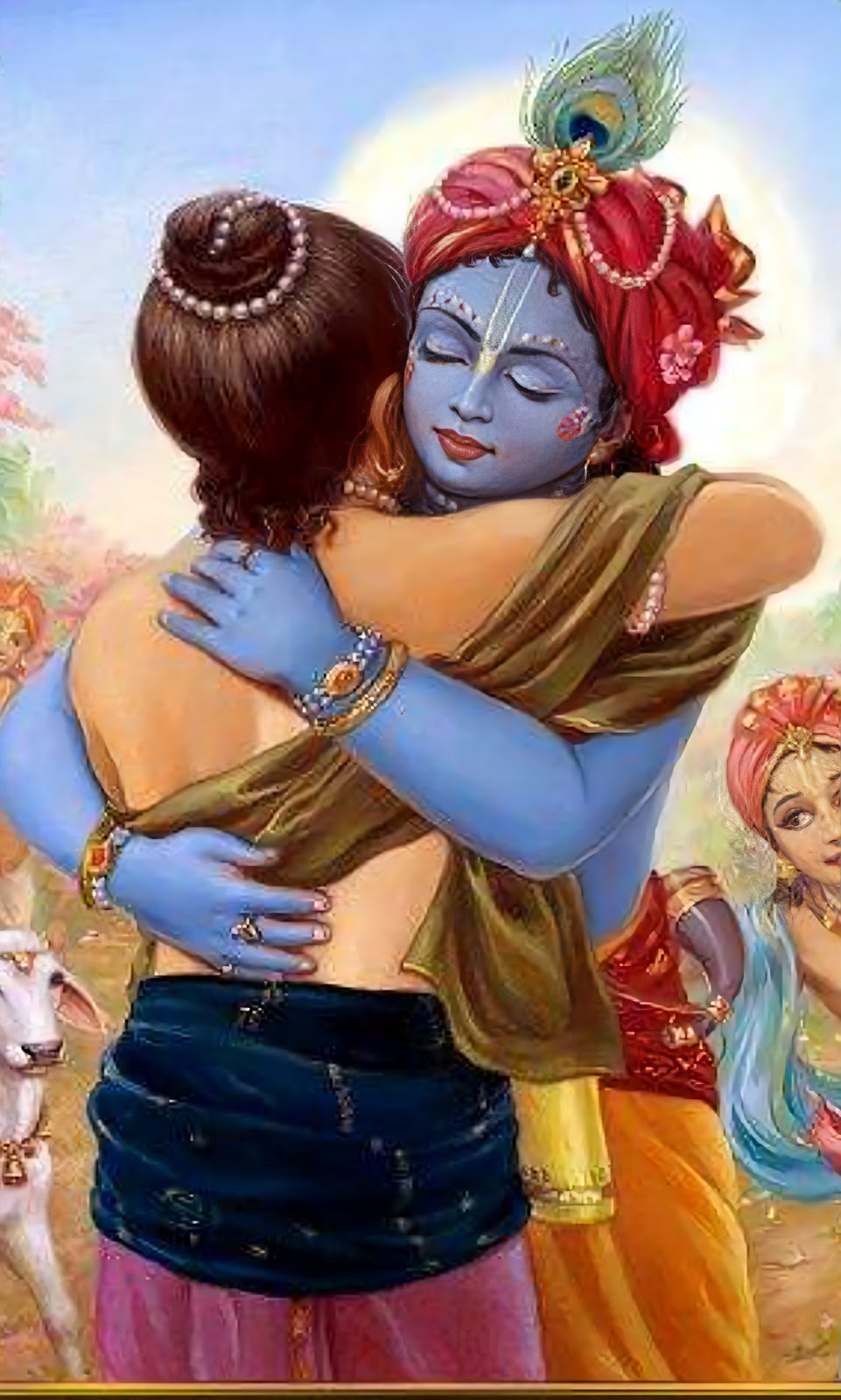 Lord Krishna hugging His devotee