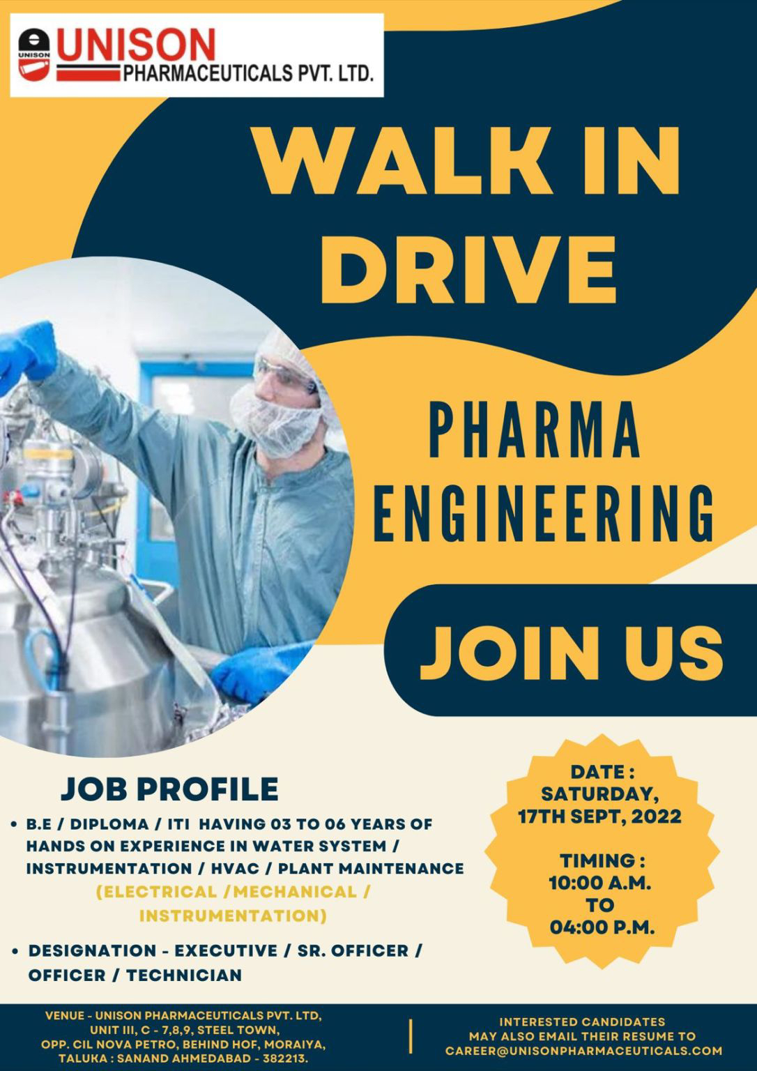 Job Available's for Unison Pharmaceuticals Pvt Ltd Walk-In Interview for Pharma Engineering