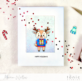 #tonicstudios, #tonicstudiosusa, #tonicstudiosgardenparty, #tonicwonderfulwishes, Cardbomb, Maria Willis, #christmas, #cards, #handmade, #handmadecards, #craft, #create, #watercolor, #nuvo, #art, #diy, #video, #videotutorial, reindeer, 