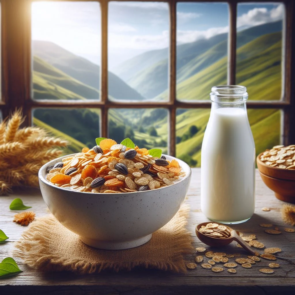 plato de cereal con semillas frente a una ventana con vista al campo