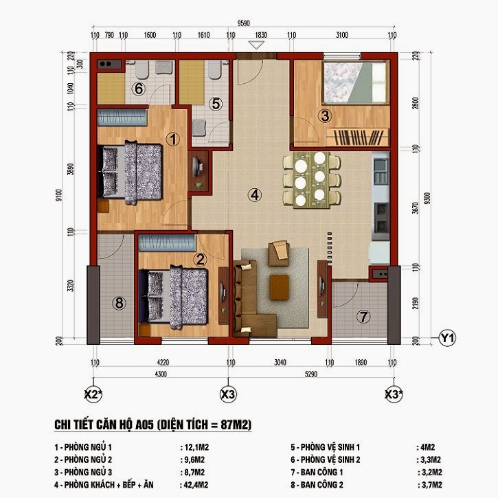 Chung cư 283 Khương Trung, Căn A5, diện tích 87m2