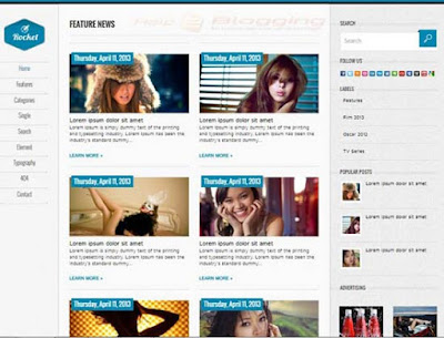 Rocket Responsive, Simple design Lifestyle, Magazine, Personal blog Vertical Drop down Menu Gird view Gallery style White, Gray, Blue color Premium template 3 Columns layout Blogger Template download