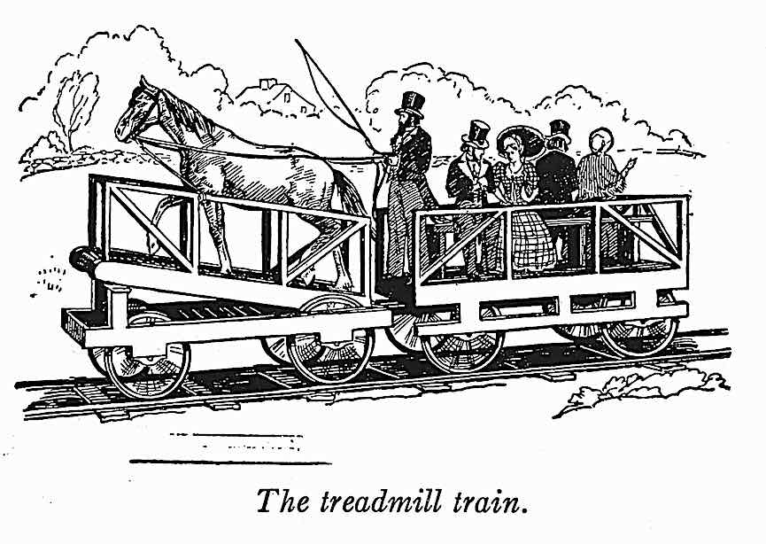 the treadmill train, an 1800s illustration of a horse-powered rail passenger coach