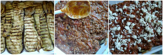 Greek moussaka by Laka kuharica: Place a layer of egg plant, cover with some meat sauce and feta cheese 