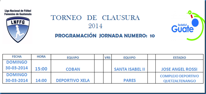 PROGRAMACIÓN 10.MA JORNADA TORNEO CLASURA 2014