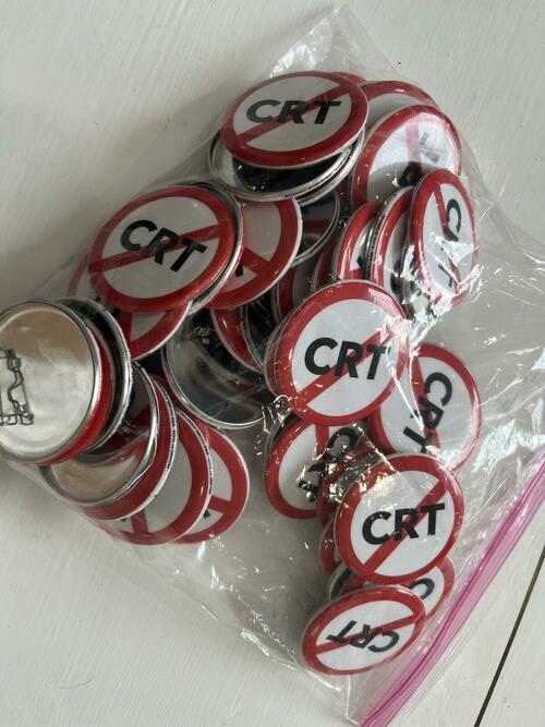 Parents concerned about Critical Race Theory took home these buttons from a school board activist training Jan. 19, 2022 in Sarasota, Florida.