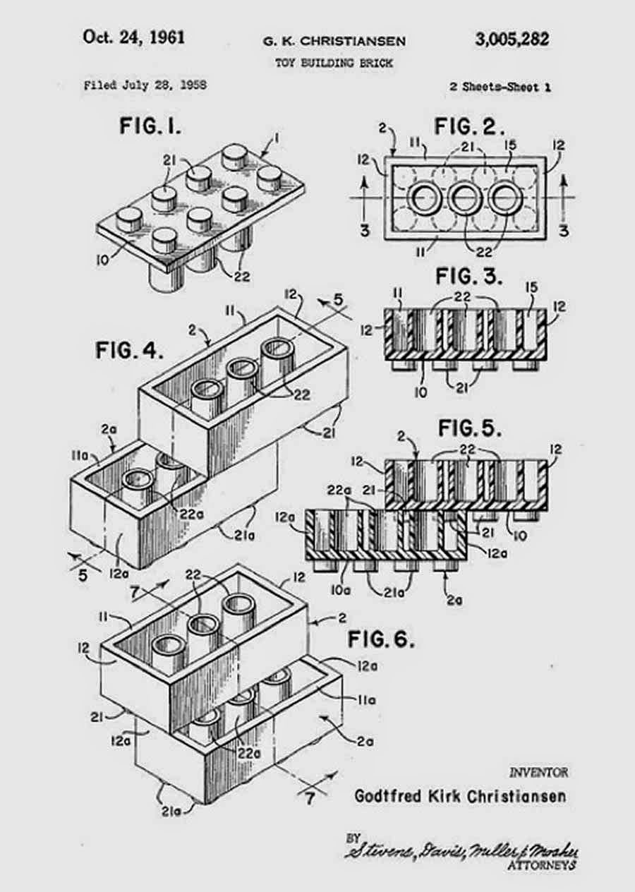 The Original Lego Brick Patent (Filed 1958), by Godfred Kirk Christiansen