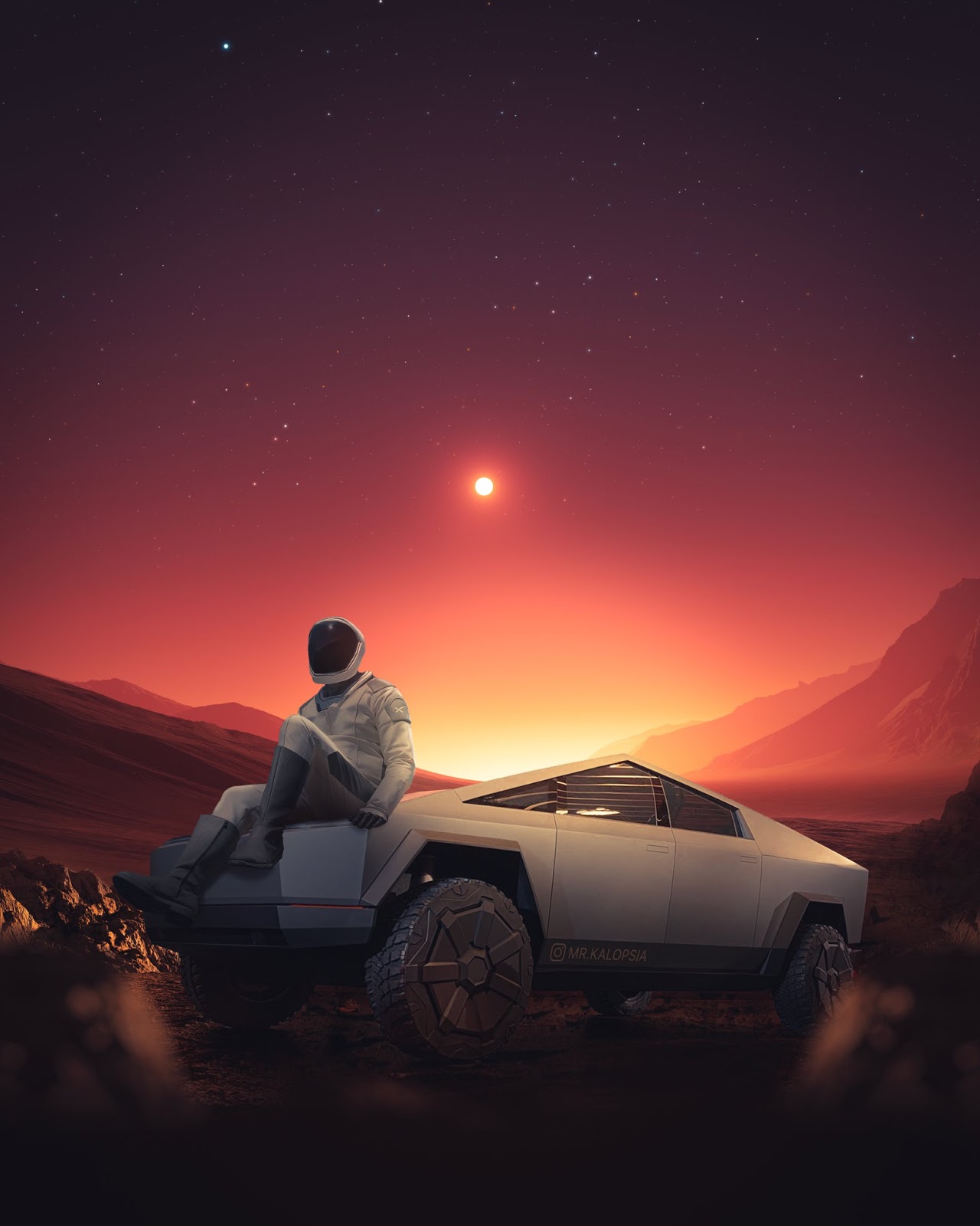 SpaceX Starman resting at his Tesla Cybertruck on Mars by Eashan Misra