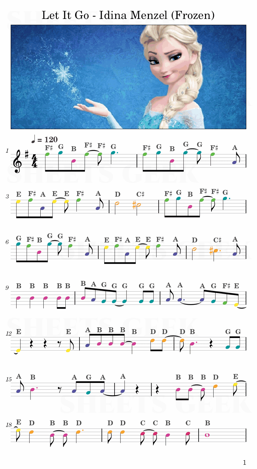 Let It Go - Idina Menzel (Frozen) Easy Sheet Music Free for piano, keyboard, flute, violin, sax, cello page 1